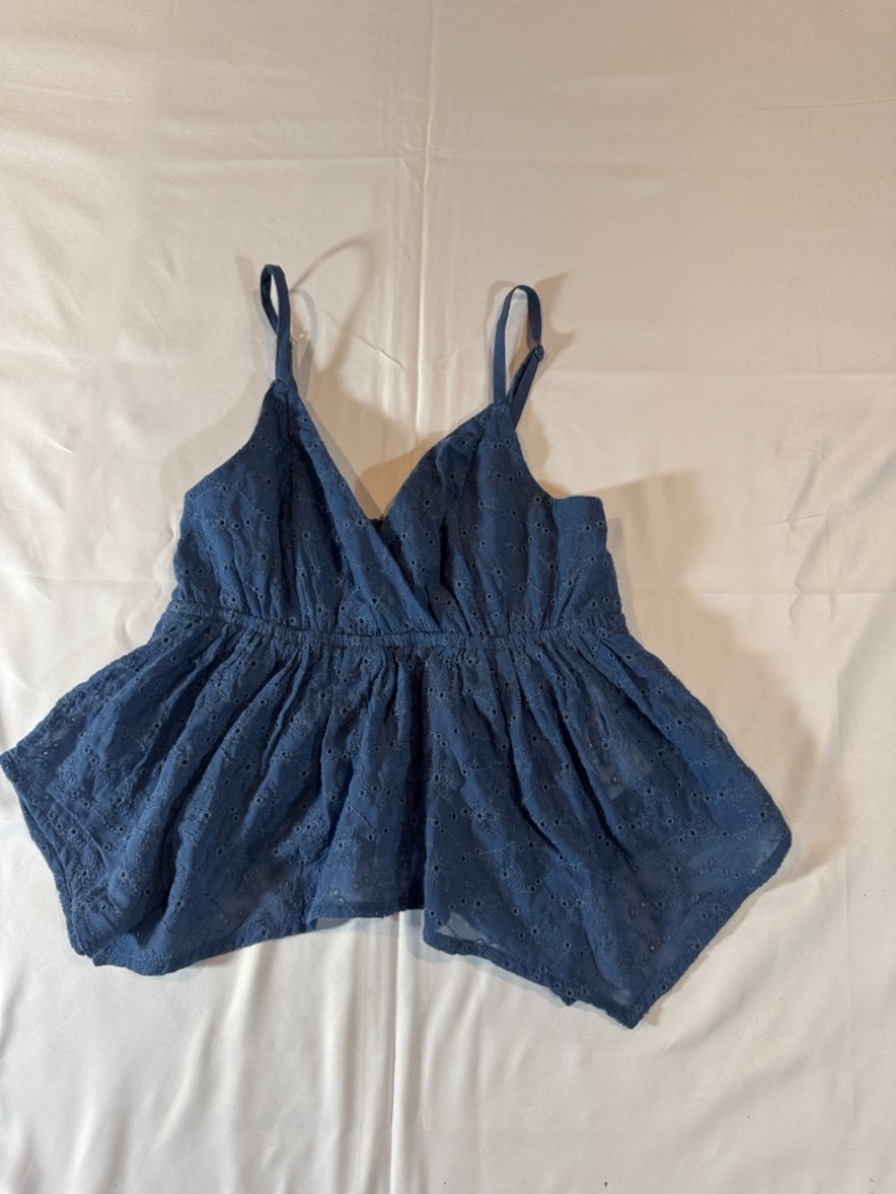 Sleeveless Blue Eyelet Camisole with Peplum Hem - Women